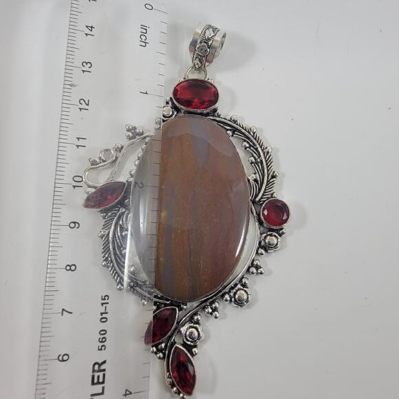 Brown Jasper Pendant – With Red Garnet Accents + 20" Sterling Silver Chain - Picture 6 of 10